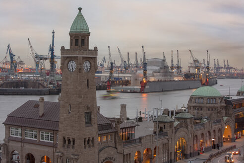 Germany, Hamburg, View to St. Pauli Landing Stages and harbour in the evening - ZMF000260