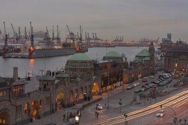 Germany, Hamburg, View to St. Pauli Landing Stages and harbour in the evening - ZMF000259