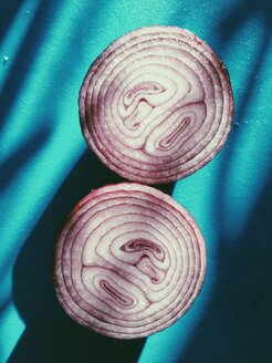 Red onion cut open on a surface in sunlight - MEAF000151