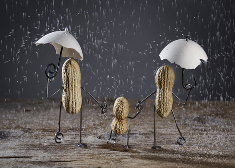 Drei Erdnüsse bauen Familie mit einem Kind im Regen aus Salzkörnern, lizenzfreies Stockfoto