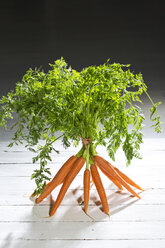 Bunch of organic carrots standing on white wooden table in front of dark background - MAEF007953