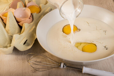 Eier und Milch in einer Schüssel, Zutaten für Omelett, Low Carb - CSTF000046