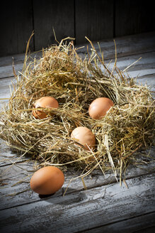 Osternest und vier braune Eier auf grauem Holztisch - MAEF007944
