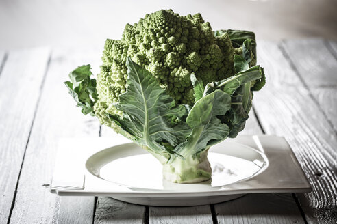 Romanesco-Brokkoli auf quadratischem Teller auf Holztisch stehend - SARF000265