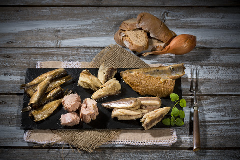 Variety of pickled and marinated fish stock photo