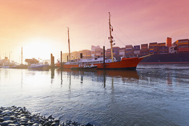 Deutschland, Hamburg, einlaufendes Containerschiff MOL Quest, Museumshafen Oevelgoenne am Morgen - MSF003406