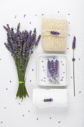 Lavendel (Lavendula), weißes Handtuch, Lavendelseife auf Seifenkorb und Kaktusfaserschwamm - GWF002625