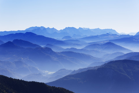 Germany, Upper Bavaria, Bavaria, Chiemgau Alps, Aschau, View from Kampenwand, in the background Watzmann and Steinernes Meer stock photo