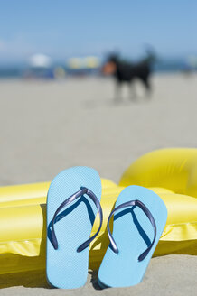 Ein Paar hellblaue Flip-Flops lehnt auf einer gelben Luftmatratze am Strand, ein Hund läuft im Hintergrund - ASF005268