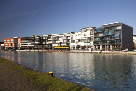 Deutschland, Nordrhein-Westfalen, Münster, Häuser am Hafen, lizenzfreies Stockfoto