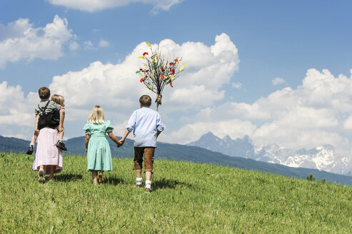 Austria, Salzburg State, Altenmarkt-Zauchensee, four children with Palmbusch walking on alpine meadow - HHF004773