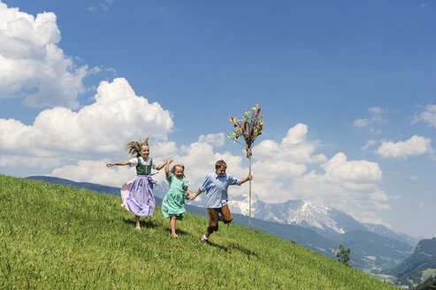 Österreich, Bundesland Salzburg, Altenmarkt-Zauchensee, drei Kinder mit Palmbusch laufen auf Almwiese - HHF004776