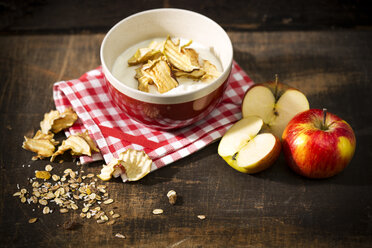 Bowl of lactose-free yogurt with dried apple rings and and apples on wooden table - MAEF008081