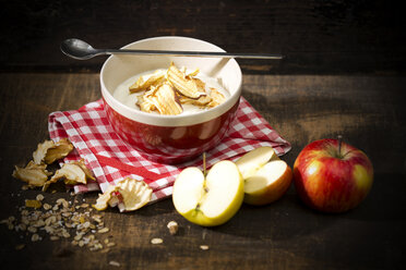 Bowl of lactose-free yogurt with dried apple rings and and apples on wooden table - MAEF008083