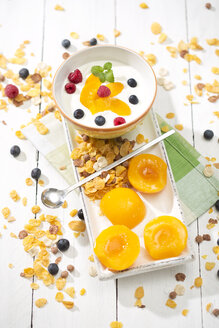 Schale mit laktosefreiem Joghurt mit Pfirsichstücken, Himbeeren, Blaubeeren und Müsli auf weißem Holztisch - MAEF008087