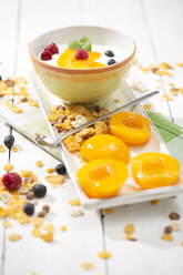 Bowl of lactose-free yogurt with pieces of peach, raspberries, blueberries and cereals on white wooden table - MAEF008088
