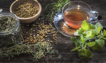 Teetasse mit Pfefferminz-, Rosmarin- und Kamillenblüten sowie frischer Minze (Mentha), getrockneten Kamillenblüten (Matricaria chamomilla) und Rosmarin (Rosmarinus officialis) auf Holztisch - HHF004765