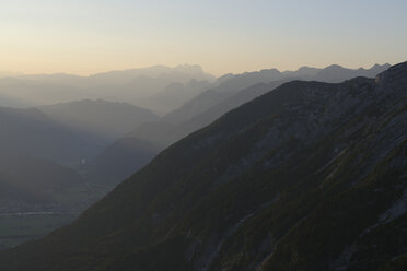 Germany, Upper Bavaria, Berchtesgadener Land, at Hohee Goell, View to Dachstein and Salzachtal valley, in the evening - LBF000629