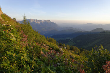 Deutschland, Oberbayern, Berchtesgadener Land, Hoher Göll, Untersberg, Sonnenaufgang - LBF000625