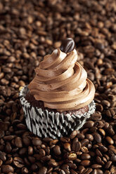 With mocha bean decorated cup cake in paper cup on coffee beans - CSF021010