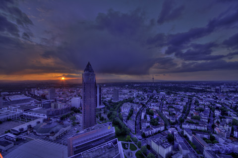 Germany, Hesse, Frankfurt am Main, Trade Fair Tower and city view at sunset stock photo