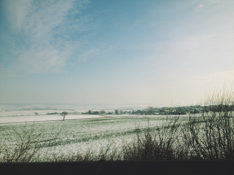 Winterlandschaft bei Goettingen, Niedersachsen, Deutschland, lizenzfreies Stockfoto