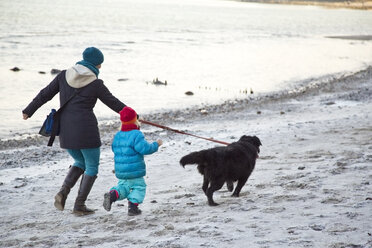 Deutschland, Schleswig-Holstein, Kiel, Mutter und Tochter gehen mit Labrador am Strand spazieren - JFEF000327