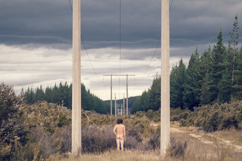 New Zealand, South Island, near Highway 6, Rear view of nude man - WV000464
