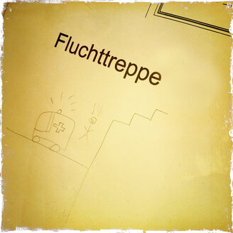 Architekturzeichnung, Karikatur einer Feuerleiter, Freiburg, Deutschland - DRF000558