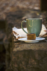 Kaffeetasse, Teller mit Schokoladenkeksen und Zeitung auf Steinstufe - EBSF000078