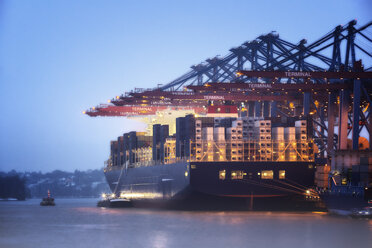 Germany, Hamburg, Container ship at Port of Hamburg in the evening - ROM000004