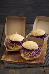 Mini-Burger with pulled pork, red cabbage and fried onions in boxes - ECF000468