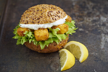 Burger with fish fingers and herb curd - ECF000452