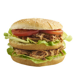 Burger with pulled pork, tomato and salad, white background - ECF000440
