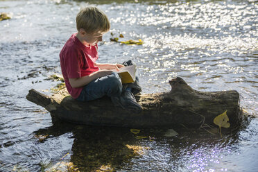 Junge sitzt auf Totholz am Bach und liest ein Buch - SARF000363