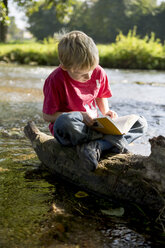 Junge sitzt auf Totholz am Bach und liest ein Buch - SARF000400