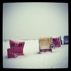 Beach chairs and Nordic walkers on the beach of Langeoog, Lower Saxony, Germany - EVGF000416