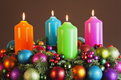 Advent wreath with coloured candles stock photo