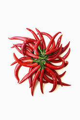 Red peppers shaped like a wheel in front of white background - AXF000646