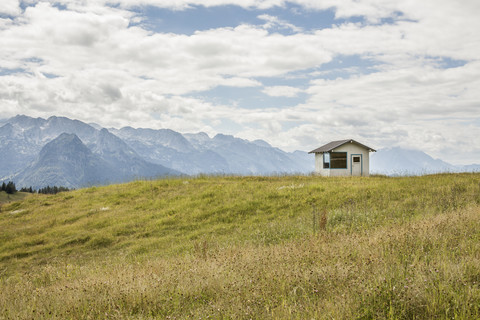 Austria, Gosau, hut and mountains stock photo