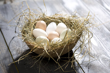 Easter nest with organic egg on dark wood - MAEF008206