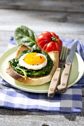 Spiegeleier und Spinat auf Toast mit Tomate - MAEF008288