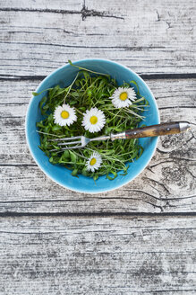 Schale mit Gartenkressesalat und Gänseblümchen (Bellis perennis) auf grauem Holztisch, Blick von oben - LVF000904