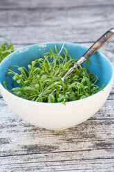 Schale mit Gartenkressesalat auf grauem Holztisch, Blick von oben - LVF000907