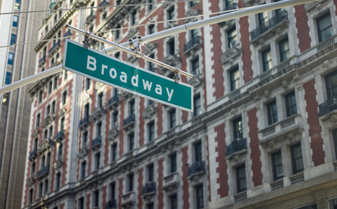 USA, New York, Manhattan, view to street sign at Broadway in front of multi-family house stock photo