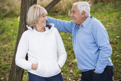 Lächelndes älteres Paar lehnt an einem Baumstamm, lizenzfreies Stockfoto