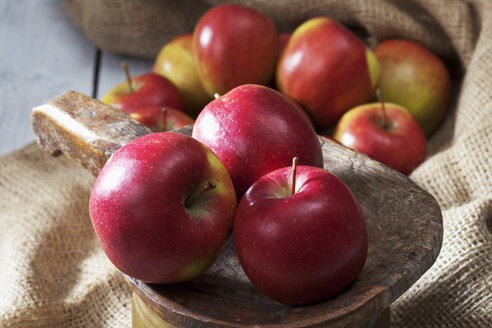 Braeburn-Äpfel auf Holzschaufel, Jute und grauem Holztisch - CSF021102