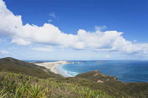 Neuseeland, Northland, Cape Reinga Gebiet, Cape Maria van Diemen mit Sanddünen und Strand, lizenzfreies Stockfoto