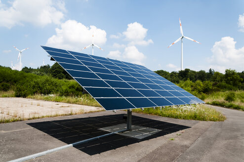 Germany, Rhineland Palantine, Morbach, Solar panel and wind turbines - HAW000006