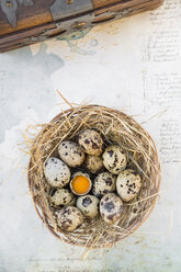 Nest mit Wachteleiern auf Papier mit Handschrift und Holzkiste, Ansicht von oben - LVF000957